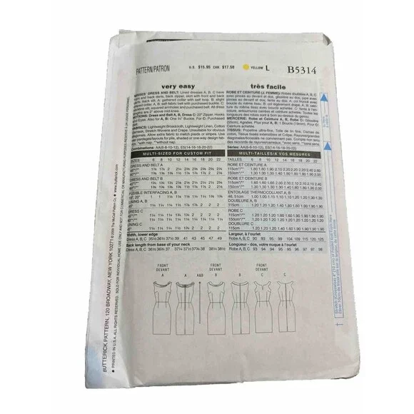 Butterick Easy Sewing Pattern #B5314, Size AA (6-8-10-12), Misses'  Dress & Belt - Picture 2 of 2